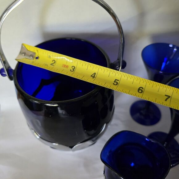 Lot Vintage Farber Bros Cobalt Blue Glass Ice Bucket, Creamer Art Deco 4 Glasses - Picture 14 of 16